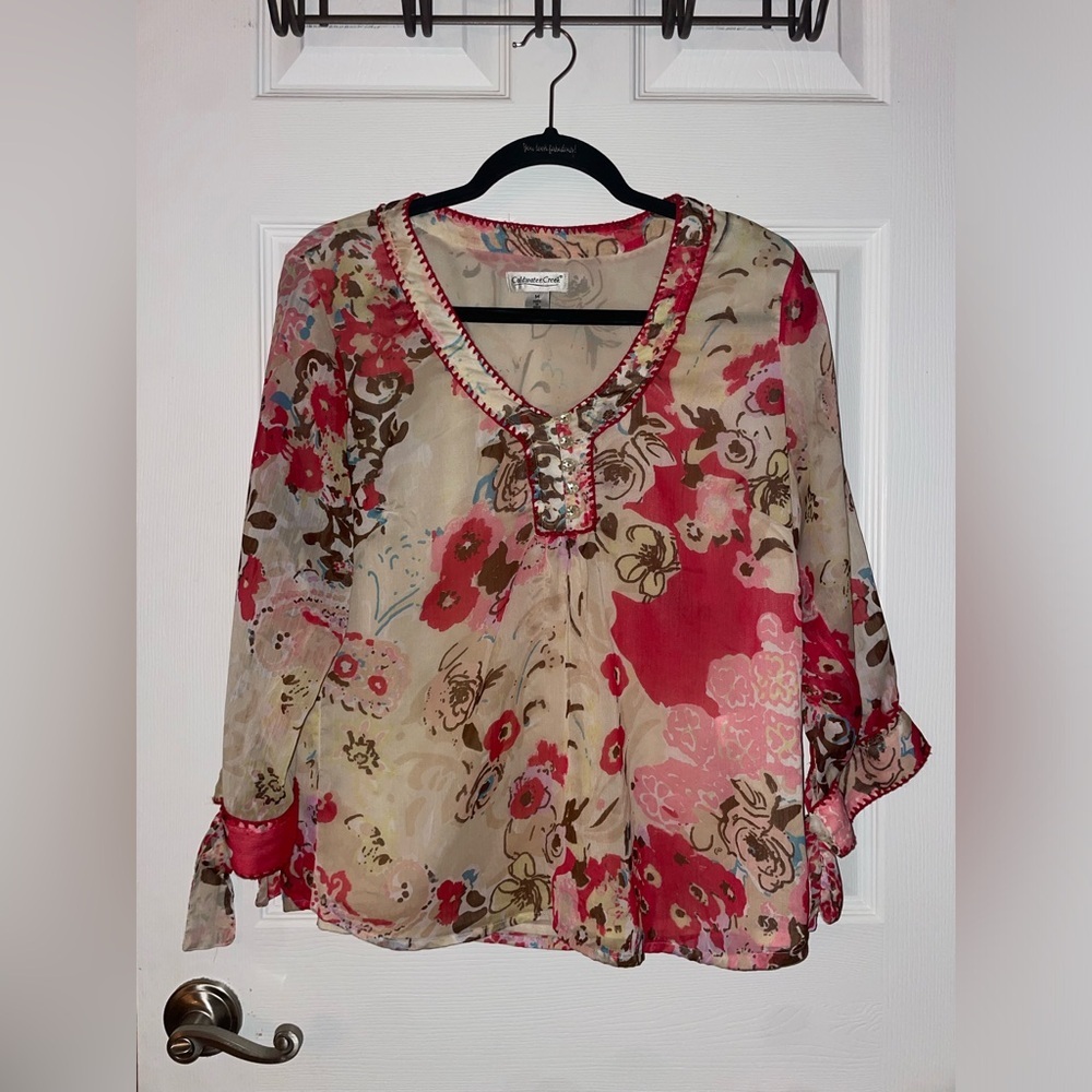Coldwater Creek Sheer Floral V-Neck Blouse in Pink and Brown